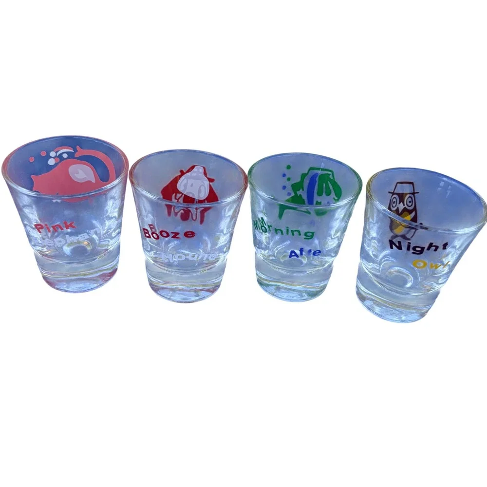 Vintage Style Novelty Shot Glass Set of 4 Pink Elephant Booze Hound Night Owl